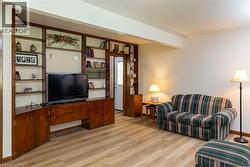 Built-in wood cabinetry with shelving, light wood-finish flooring, and white wall finishes - 