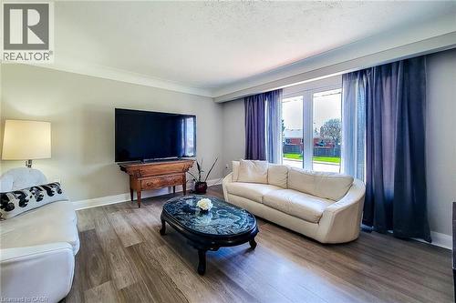 Bright living area featuring wood-finish flooring, a large window with ample natural light, and crown molding - 103 East 45Th Street, Hamilton, ON - Indoor Photo Showing Living Room