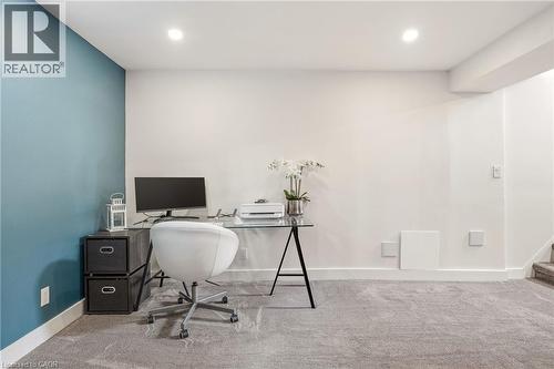 Carpeted room featuring recessed lighting, a blue accent wall, and white baseboards - 30 Darlington Drive, Hamilton, ON - Indoor Photo Showing Office