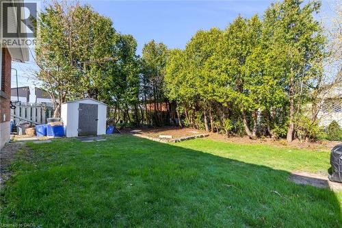 Expansive green lawn with mature perimeter trees, a white storage shed, and brick exterior siding - 406 East 43Rd Street, Hamilton, ON - Outdoor