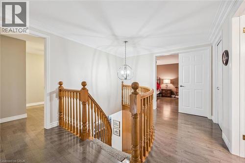 Upper-level landing featuring wood-finish flooring, a traditional wood staircase, a modern spherical chandelier, white trim, and multiple doorways - 42 Trailview Drive, Kitchener, ON - Indoor Photo Showing Other Room