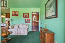 Interior space featuring green wall paint and coordinating green carpeting - 