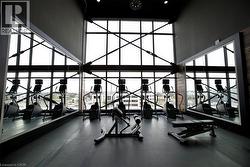 Fitness center featuring high ceilings, expansive window walls with structural cross beams, and durable rubber flooring - 