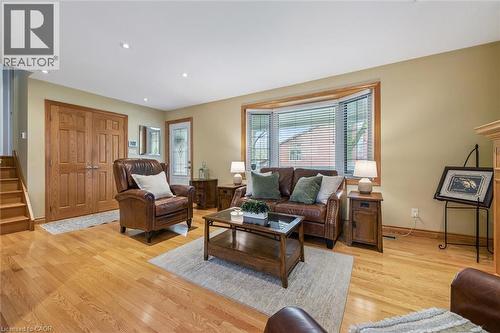 Spacious living area featuring wood-finish flooring, a bay window with blinds, and recessed lighting - 574 Sprucehill Avenue, Waterloo, ON - Indoor Photo Showing Living Room