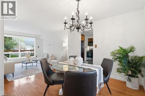 Dining area with a wrought iron chandelier, wood-finish flooring, and newly painted walls - 56 Angela Crescent, Cambridge, ON - Indoor Photo Showing Dining Room