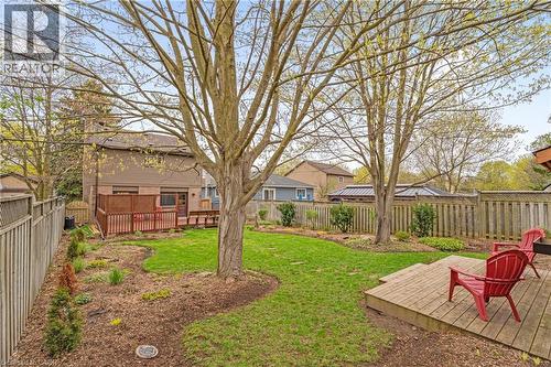 Expansive backyard featuring a large mature tree, manicured lawn, and a wood deck - 56 Angela Crescent, Cambridge, ON - Outdoor With Deck Patio Veranda