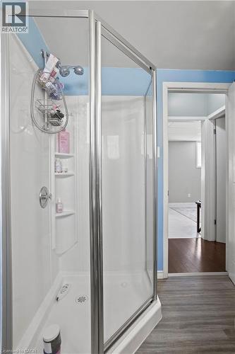 Corner shower enclosure with clear glass panels and chrome-finish framing, featuring a built-in shower caddy and shelving - 179 Vancouver Street, London, ON - Indoor Photo Showing Bathroom