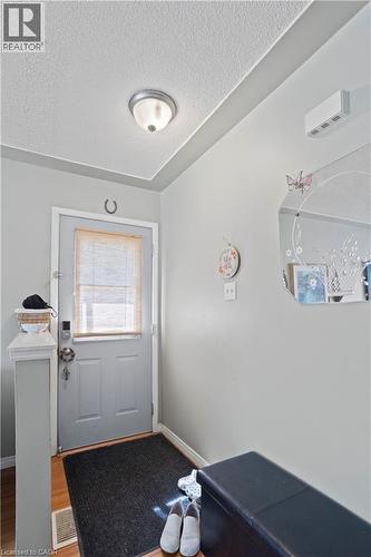 Entryway featuring a light gray door with frosted glass window, wood-finish flooring, and a flush-mount ceiling light fixture - 179 Vancouver Street, London, ON - Indoor Photo Showing Other Room