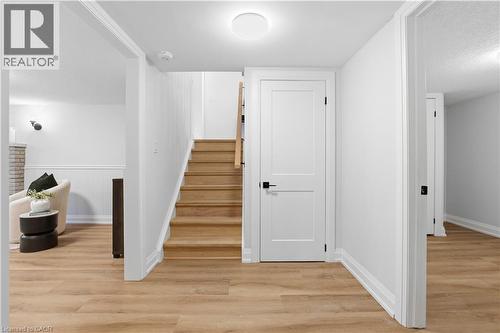 Hardwood staircase featuring a light wood finish, white risers, and a contemporary railing - 11 Marcella Crescent, Hamilton, ON - Indoor Photo Showing Other Room