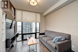 Floor-to-ceiling windows with roller shades, dark wood-finish flooring, and a feature wall with horizontal wood paneling - 