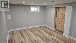 Below grade area with light wood finished floors, recessed lighting, and a barn door - 