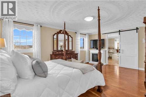 Hardwood flooring throughout featuring a decorative ceiling medallion, an integrated electric fireplace, and a sliding barn door - 228 Michener Crescent, Kitchener, ON - Indoor Photo Showing Bedroom