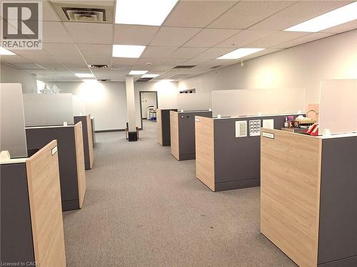 Open-plan office space featuring modular cubicles with wood-finish and gray panels - 920 Sheldon Court, Burlington, ON 