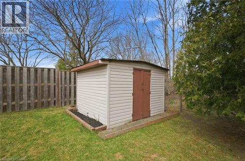 Freestanding outdoor shed with composite siding and double entry doors - 200 Morrison Drive, Caledonia, ON - Outdoor