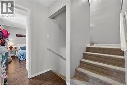 Carpeted staircase with white handrail and light gray wall paint - 