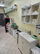 Utility space featuring tile flooring, a single vanity with an integrated sink, a wall-mounted shelving unit, and an additional wall shelf - 
