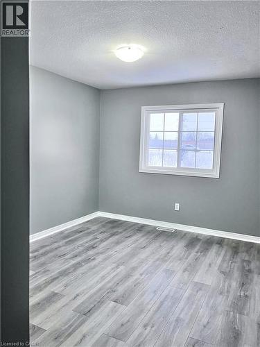 Bright interior space featuring light gray walls, wood-finish flooring, a white trim window, a ceiling-mounted light fixture, and white baseboards - 193 Prosperity Drive, Kitchener, ON - Indoor Photo Showing Other Room