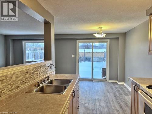 Kitchen with laminate countertops, dual basin stainless steel sink, and a mosaic tile backsplash - 193 Prosperity Drive, Kitchener, ON - Indoor Photo Showing Kitchen With Double Sink
