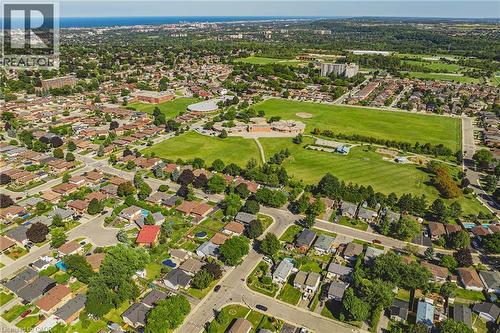 Aerial perspective showcasing a residential area with varied housing styles - 235 Larch Street, Hamilton, ON - Outdoor With View