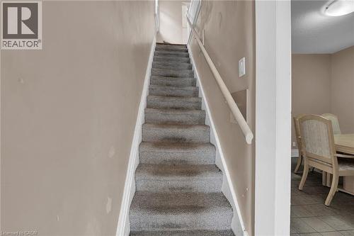 Carpeted staircase with white trim and a coordinating handrail - 738 King Street W, Hamilton, ON - Indoor Photo Showing Other Room