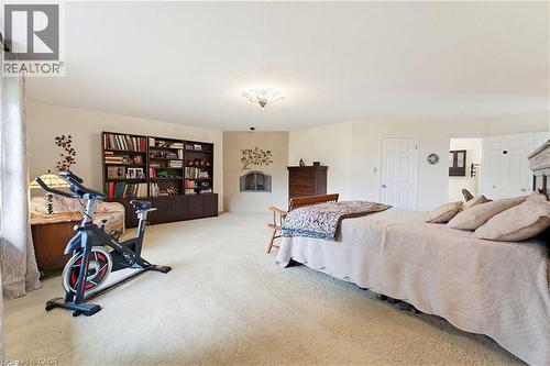 Spacious room featuring light-toned carpeting, built-in shelving, a corner fireplace, and multiple white panel doors - 10 Huisman Lane, Hamilton, ON 