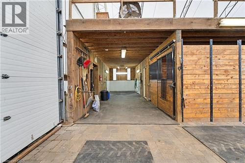 Spacious barn interior featuring wood-paneled stalls with black metal grates, exposed wooden beam ceiling, and overhead fluorescent lighting, incl wash stall - 10 Huisman Lane, Hamilton, ON 