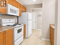 Kitchen featuring wood-finish cabinetry, white over-the-range microwave, white electric range, and white refrigerator - 