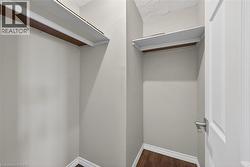 Walk-in closet featuring wood-finish flooring, light gray wall paint, white baseboards, and built-in shelving with a hanging rod - 