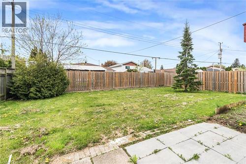 Expansive backyard featuring a large grass area, wood fencing, mature evergreen tree, and a concrete patio - 112 Nash Road S, Hamilton, ON - Outdoor