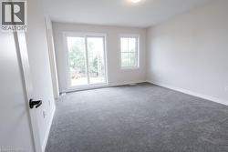 Spacious room featuring neutral carpeting, a large sliding glass door, an additional window, white trim, and a ceiling-mounted light fixture - 