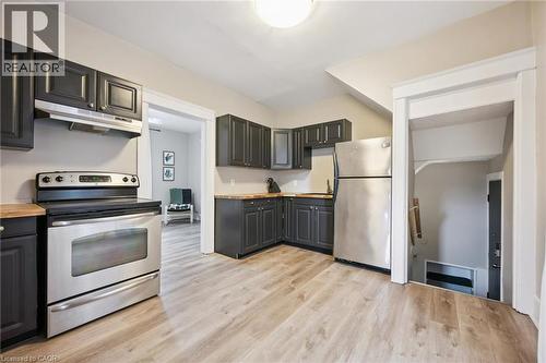 Kitchen featuring dark cabinetry, stainless steel appliances, wood-finish countertops, and light wood-finish flooring - 15 Gordon Avenue, Kitchener, ON - Indoor Photo Showing Kitchen