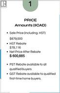 Price Sheet. Detailing the property's sale price, applicable rebates, and net price - 