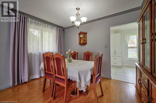 Dining area with wood-finish flooring, a contemporary chandelier, and a large window with privacy sheers - 34 Westwood Crescent, Kitchener, ON - Indoor Photo Showing Dining Room