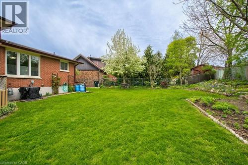 Expansive green lawn with mature trees and established garden beds - 34 Westwood Crescent, Kitchener, ON - Outdoor
