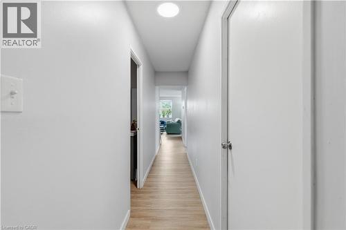 Hallway featuring wood-finish flooring, light gray walls, a flush-mount ceiling light, and white interior doors with chrome hardware - 91 Westmount Road Unit# 3, Waterloo, ON - Indoor Photo Showing Other Room