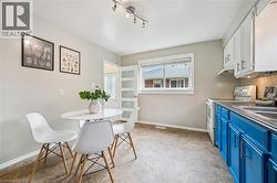Kitchen area featuring white upper cabinetry, vibrant blue lower cabinetry, a light-toned backsplash, a window, and track lighting - 