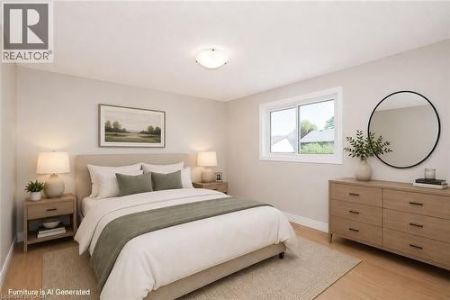 Bedroom featuring neutral wall colors, wood-finish flooring, a contemporary ceiling light fixture, a sliding window with white trim, and white baseboards - 27 Scenic Wood Crescent, Kitchener, ON - Indoor Photo Showing Bedroom