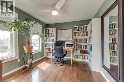 Office area with light wood-style flooring and ceiling fan - 3311 Springvale Court, Burlington, ON - Indoor Photo Showing Office