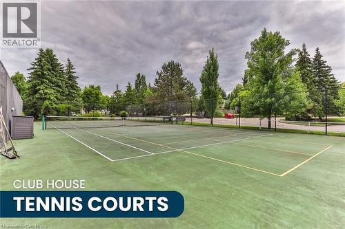 Two tennis courts with green hard surfaces, white court lines, and black fencing, surrounded by mature trees - 375 Silverbirch Boulevard, Hamilton, ON - Outdoor With View