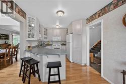Kitchen featuring light-toned cabinetry, a peninsula with counter seating, integrated appliances, and wood-finish flooring - 