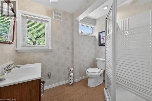 Bathroom featuring a walk-in shower with a frosted glass enclosure, a white vanity with a single basin sink, and wood-finish flooring - 2 Summit Circle, Simcoe, ON - Indoor Photo Showing Bathroom