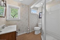 Bathroom featuring a walk-in shower with a frosted glass enclosure, a white vanity with a single basin sink, and wood-finish flooring - 