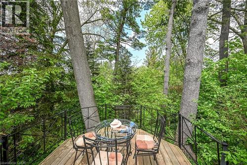 Elevated wood-deck balcony with black wrought-iron railing, surrounded by mature trees and lush foliage - 2 Summit Circle, Simcoe, ON - Outdoor With Deck Patio Veranda