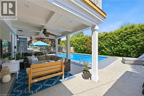 Covered patio with beadboard ceiling featuring recessed lighting and a ceiling fan - 3500 Regal Road, Burlington, ON - Indoor Photo Showing Laundry Room