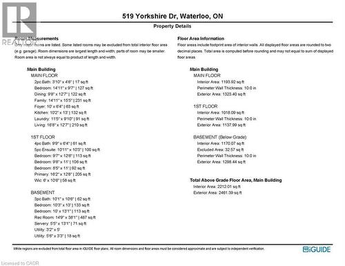 Property Details. Listing comprehensive room measurements and floor area information for the property - 519 Yorkshire Drive, Waterloo, ON - Other