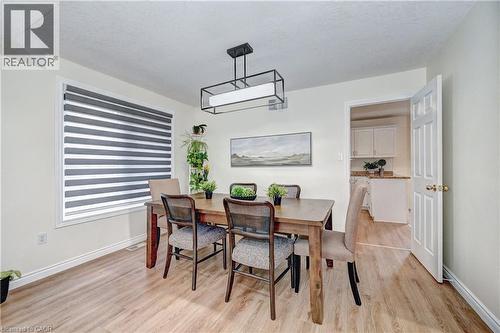 Dining area featuring wood-finish flooring, a contemporary rectangular chandelier, and a large window with horizontal blinds - 519 Yorkshire Drive, Waterloo, ON - Indoor Photo Showing Dining Room