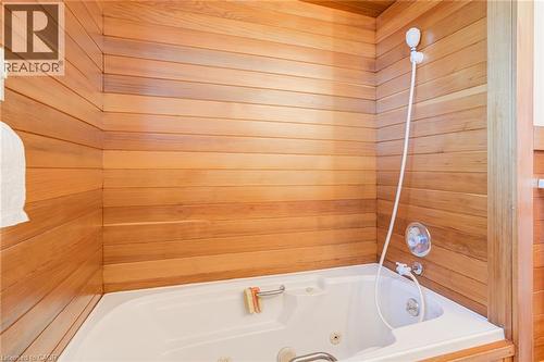 Built-in jetted tub with wood-paneled surround, chrome fixtures, and a hand-held shower sprayer - 186 Adeline Avenue, Hamilton, ON - Indoor Photo Showing Bathroom