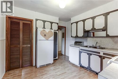 Kitchen with white and gray cabinetry, light wood-finish flooring, and white paneled walls - 18 Fairleigh Crescent, Hamilton, ON - Indoor Photo Showing Kitchen With Double Sink
