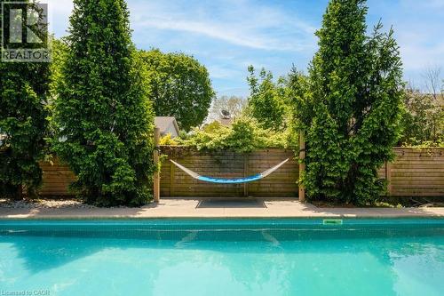 Outdoor swimming pool with a concrete surround, wood privacy fencing, and mature evergreen trees - 25 Braemar Place, Hamilton, ON - Outdoor With In Ground Pool With Backyard