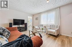 Living area featuring wood-finish flooring, a large window with sheer drapery, and a textured ceiling - 